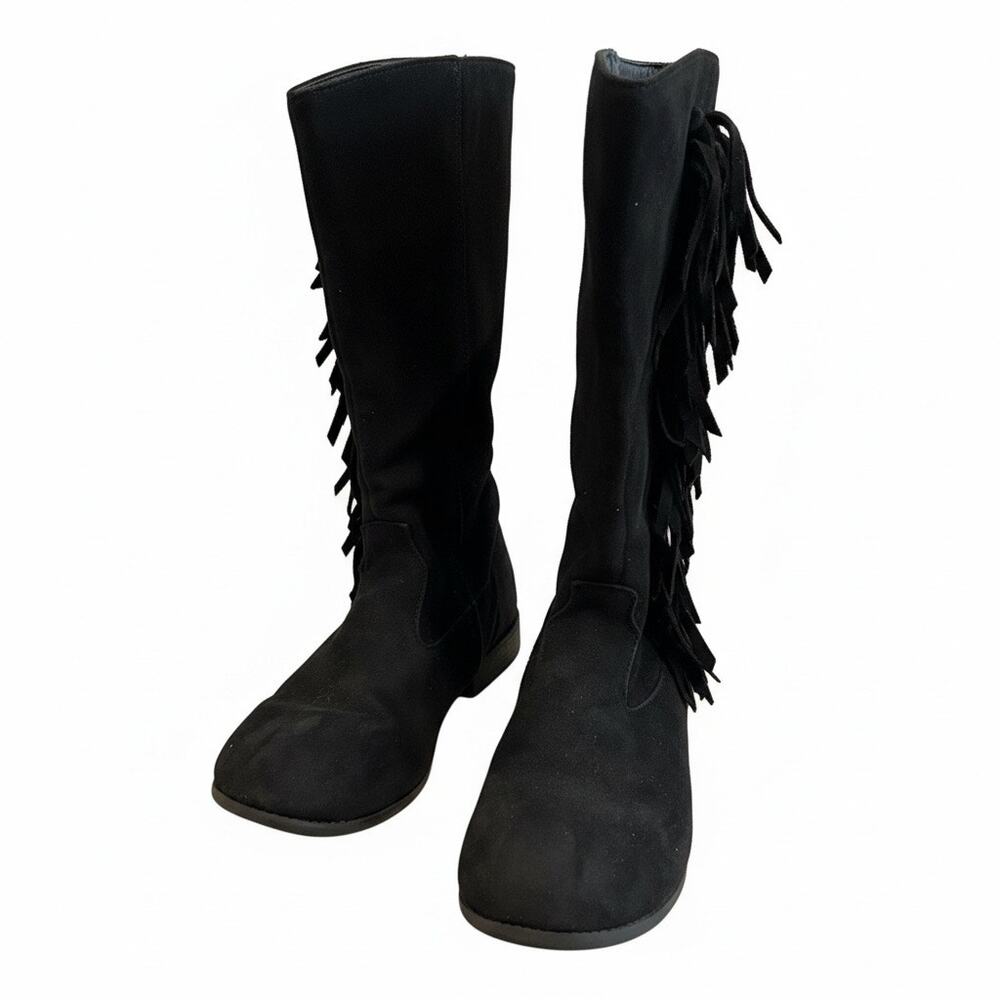 American Eagle Girls Black Fringe Tall Boots Size 3.5 Faux Suede Side Tassel